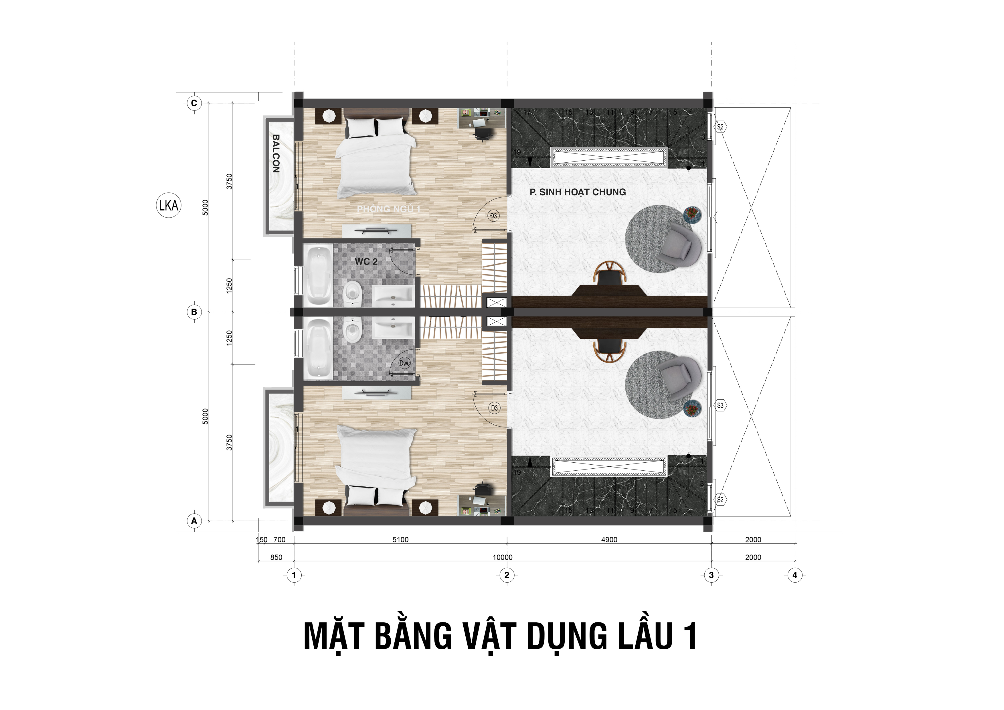 Mặt bằng lầu 1 nhà liên kế